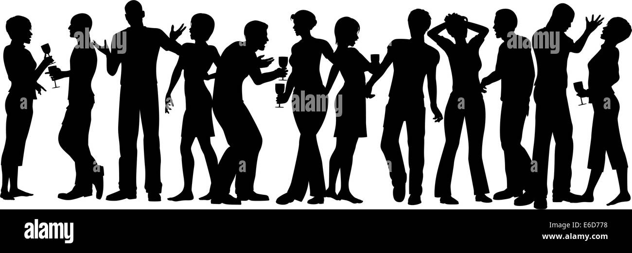 Silhouettes vecteur modifiable des hommes et des femmes debout à une partie avec chaque personne comme un objet séparé Illustration de Vecteur