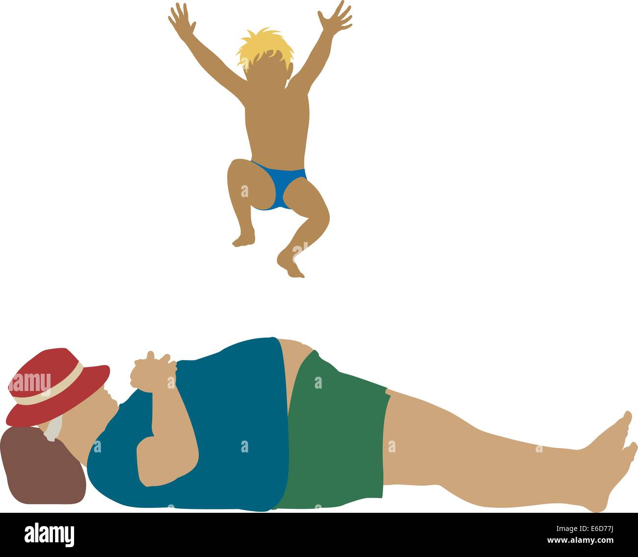 Vector cartoon illustration modifiable d'un jeune garçon sautant sur un coin couchage fat man's belly Illustration de Vecteur