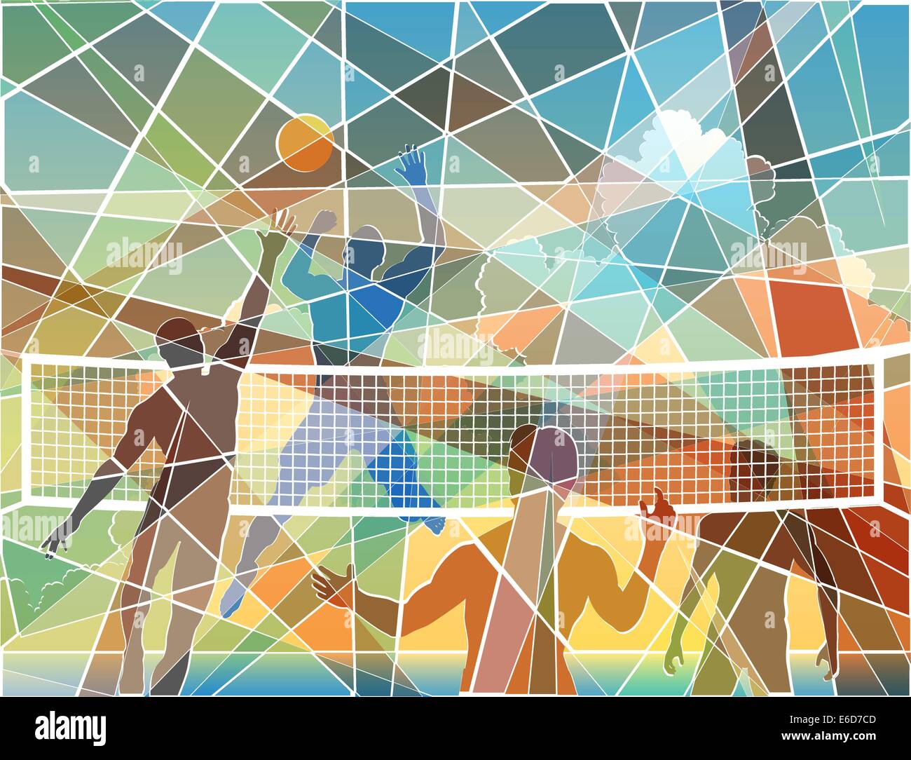 Batik coloré vecteur modifiable conception de mosaïque de quatre hommes à jouer au volleyball de plage Illustration de Vecteur