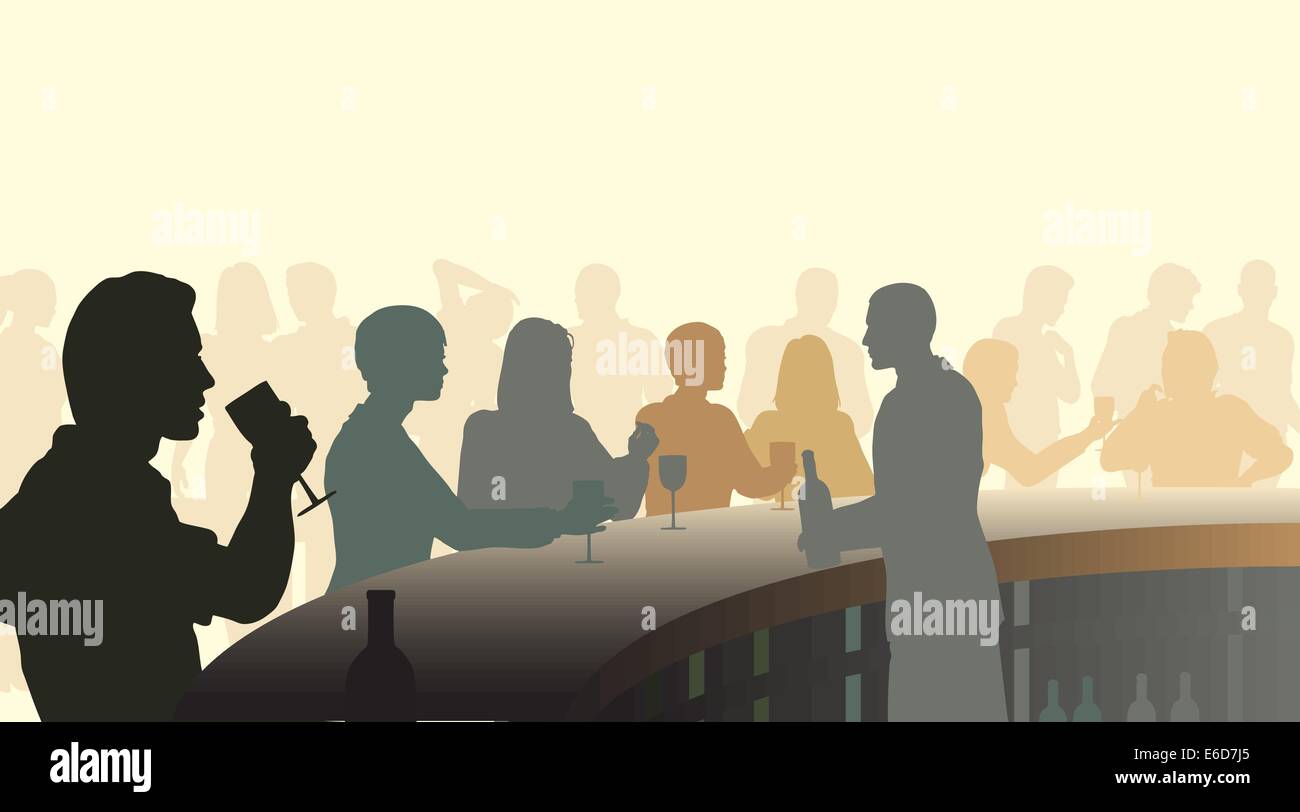 Silhouettes vecteur modifiable de personnes dans un bar à vin avec tous les chiffres en tant qu'objets séparés Illustration de Vecteur