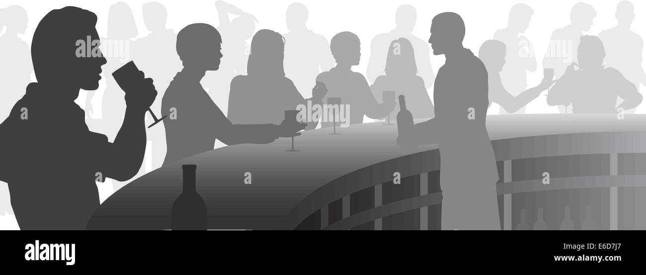 Silhouettes vecteur modifiable de personnes dans un bar à vin avec tous les chiffres en tant qu'objets séparés Illustration de Vecteur