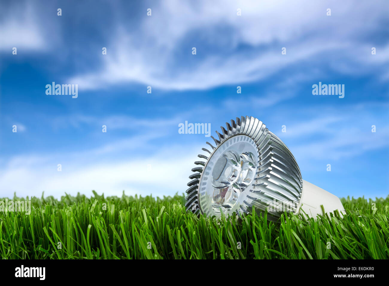 Ampoule LED sur l'herbe en face de ciel bleu Banque D'Images