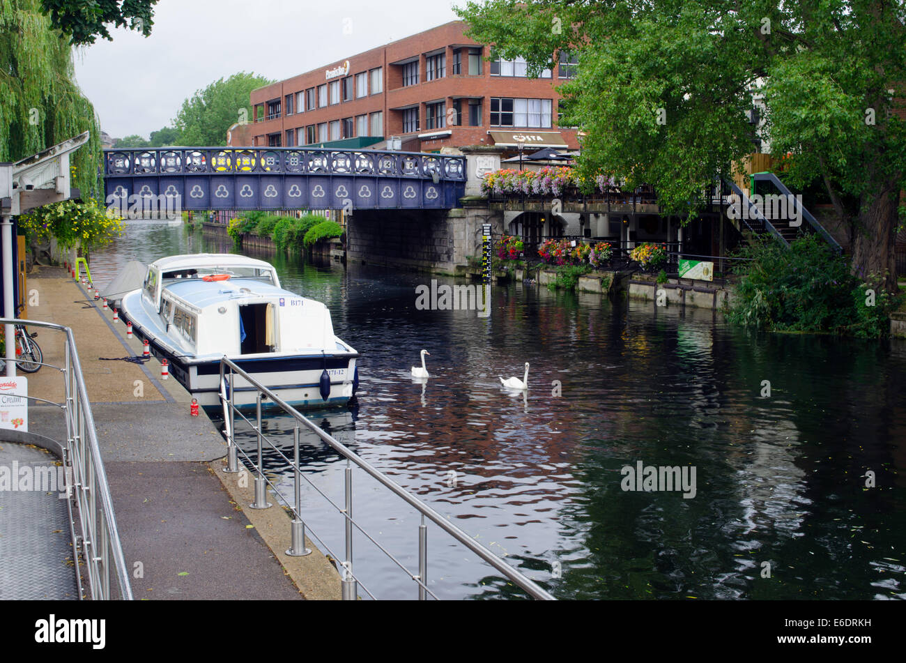 Un bateau de plaisance sur la rivière Wensum près de centre-ville de Norwich Banque D'Images