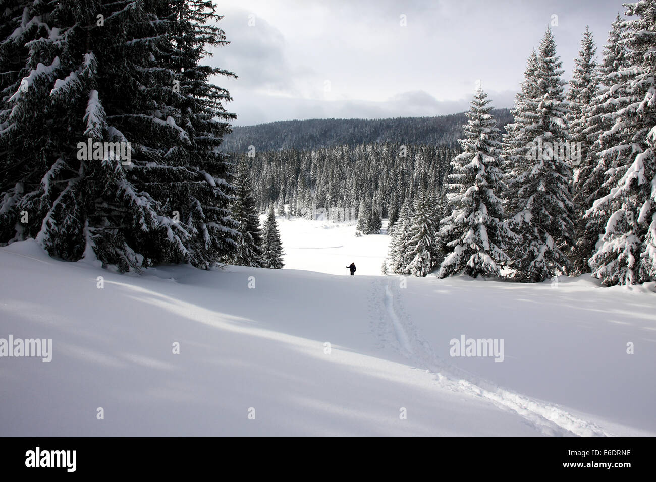 À la suite d'un raquetteur solitaire trail dans la neige profonde dans les forêts près de Sarajevo en Bosnie et Herzégovine Banque D'Images