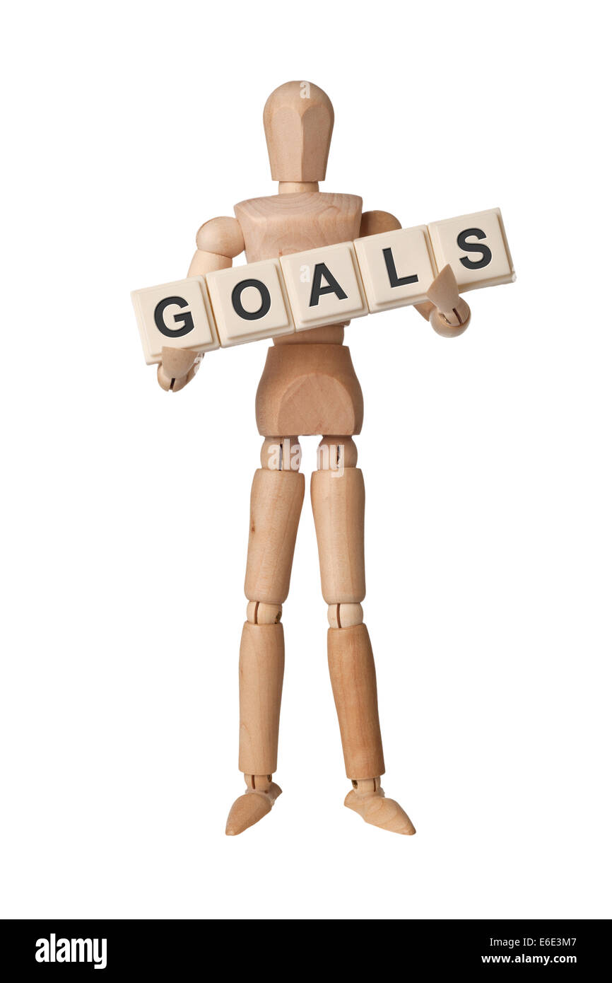 Figurine en bois avec les objectifs mot isolé sur fond blanc Banque D'Images