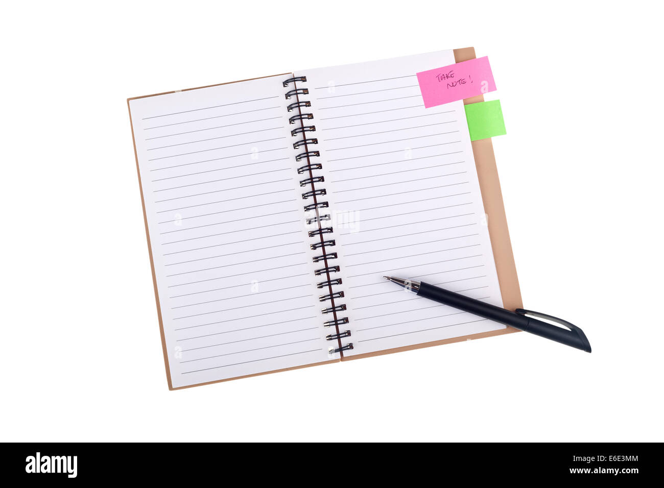 Le bloc-notes et stylo avec un 'prendre note' reminder isolé sur fond blanc Banque D'Images