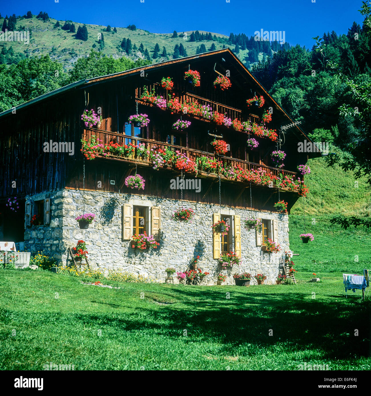 Chalet fleuri Samoëns Savoie Alpes françaises France Europe Banque D'Images