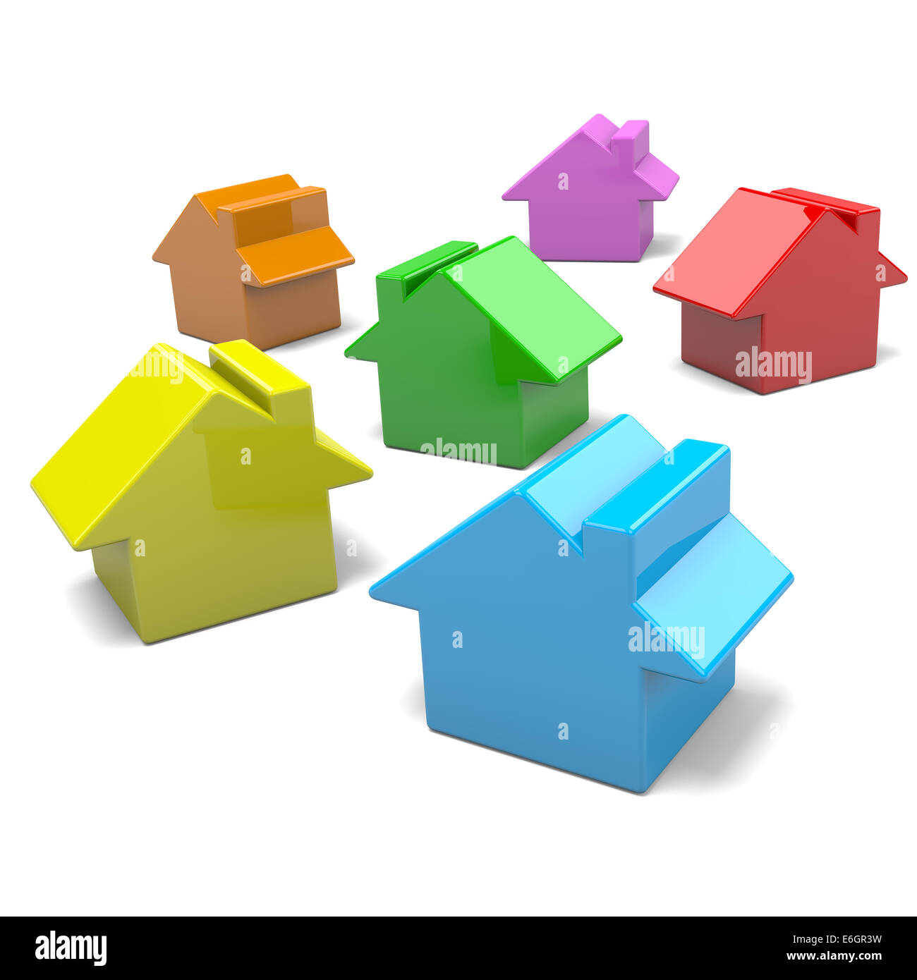 Groupe de maisons colorées sur fond blanc 3D Illustration Banque D'Images