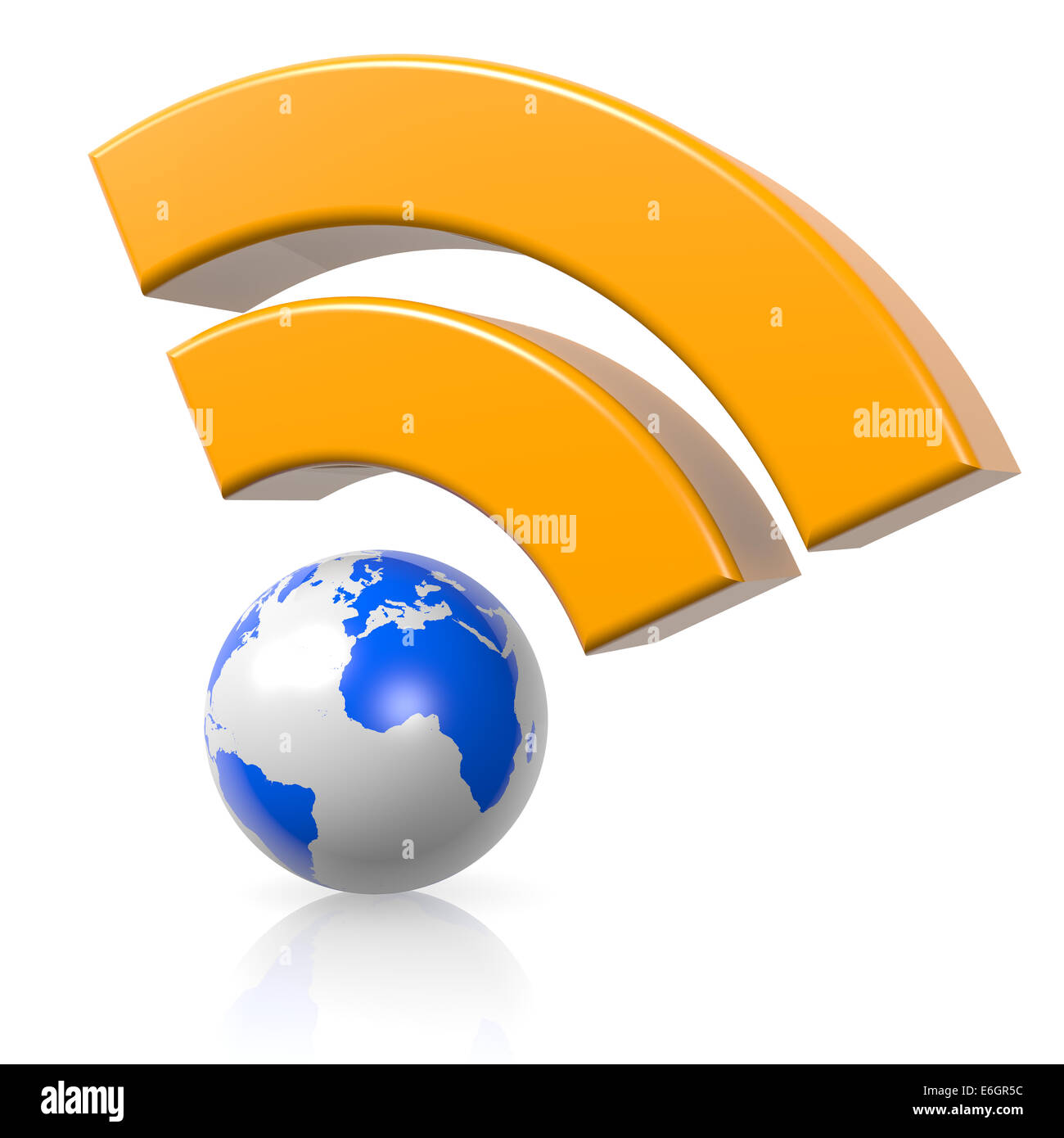Flux RSS Symbole avec réflexion sur fond blanc monde News Concept Illustration Banque D'Images