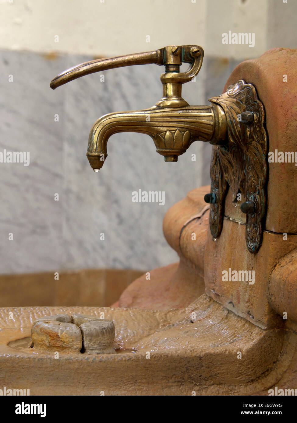 Ville thermale de Vichy. Robinets d'eau de source au printemps de Célesting (Source des Celestins), département d'Allier, Auvergne Rhône Alpes, France Banque D'Images