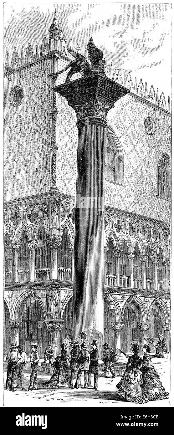 Statue de lion de Saint Marc et le palais des Doges, Venise en 1872, Italie Banque D'Images
