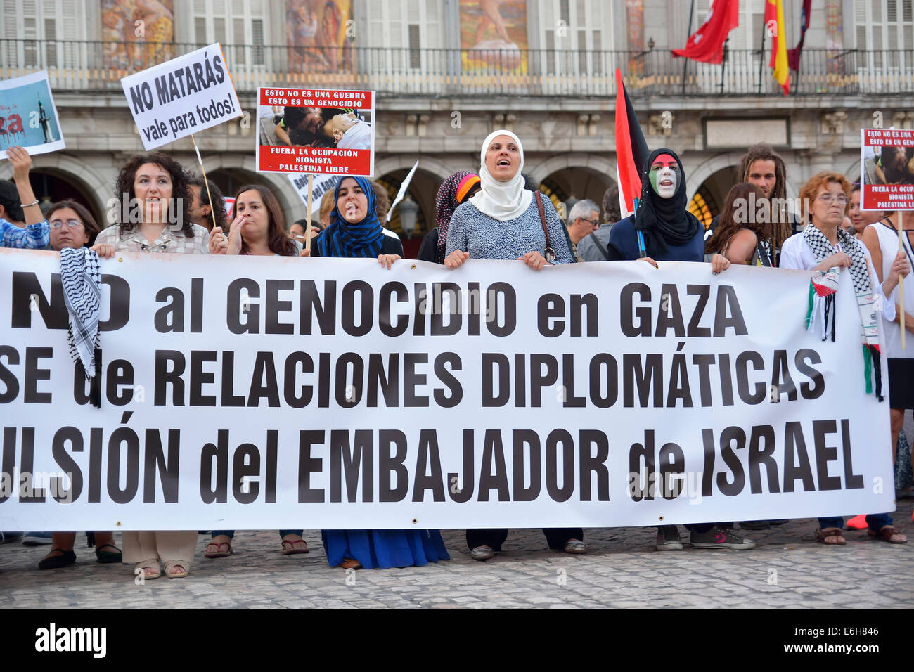 Bannière principale d'une protestation contre Israël au cours d'une manifestation des Palestiniens, à Madrid le 14 août 2014. L'Espagne. Banque D'Images