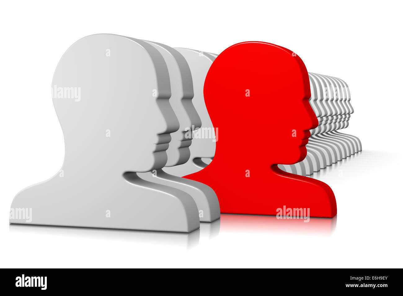 Profil de tête rouge se démarquer dans une foule sur fond blanc 3D Illustration Banque D'Images