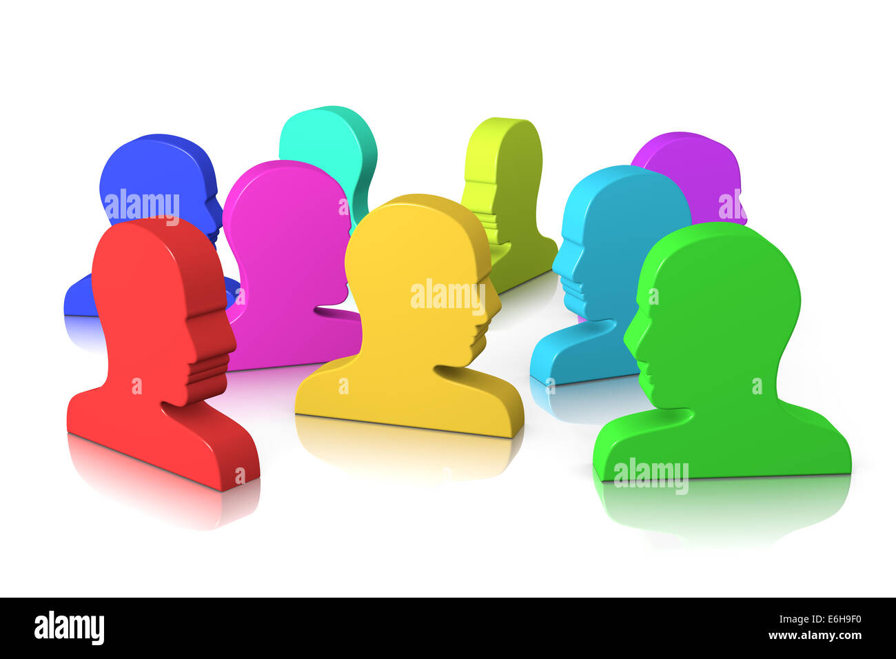 Groupe de tête coloré Profil sur fond blanc 3D Illustration Concept Social Banque D'Images