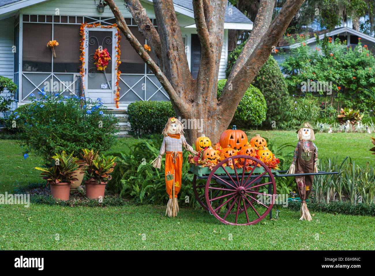 Affichage de la citrouille Halloween jack-o-lanternes et épouvantails sur la pelouse d'une maison Banque D'Images