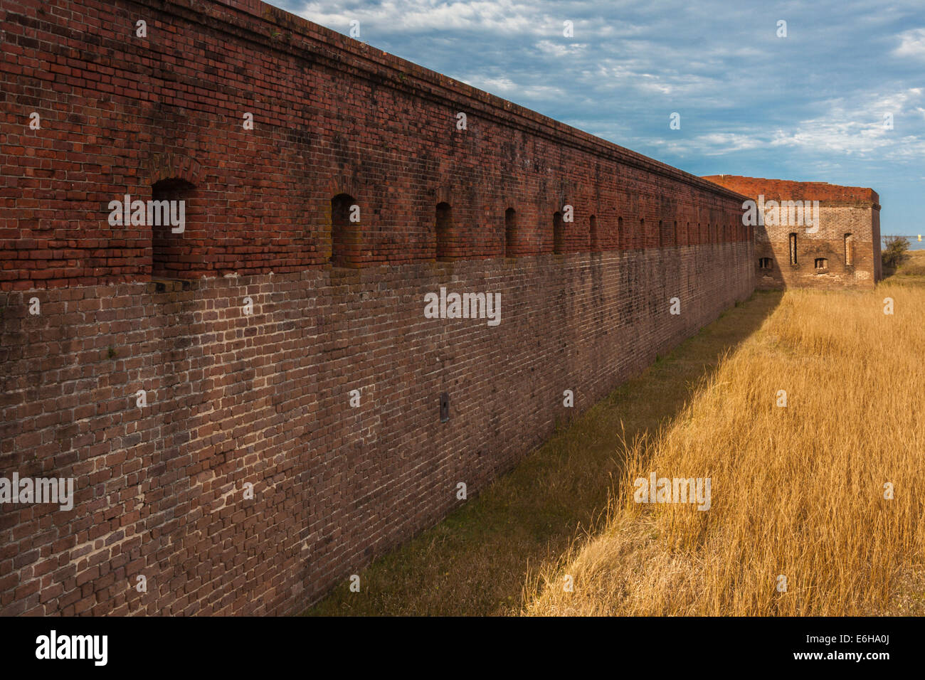 Les graminées d'or à l'extérieur des murs en maçonnerie de la ville historique de Fort Clinch de Fort Clinch State Park à Fernandina Beach, Floride Banque D'Images