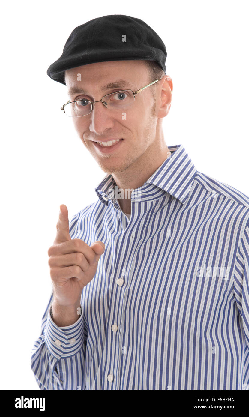 L'homme français isolés à l'aide en donnant des conseils levant son index. Banque D'Images