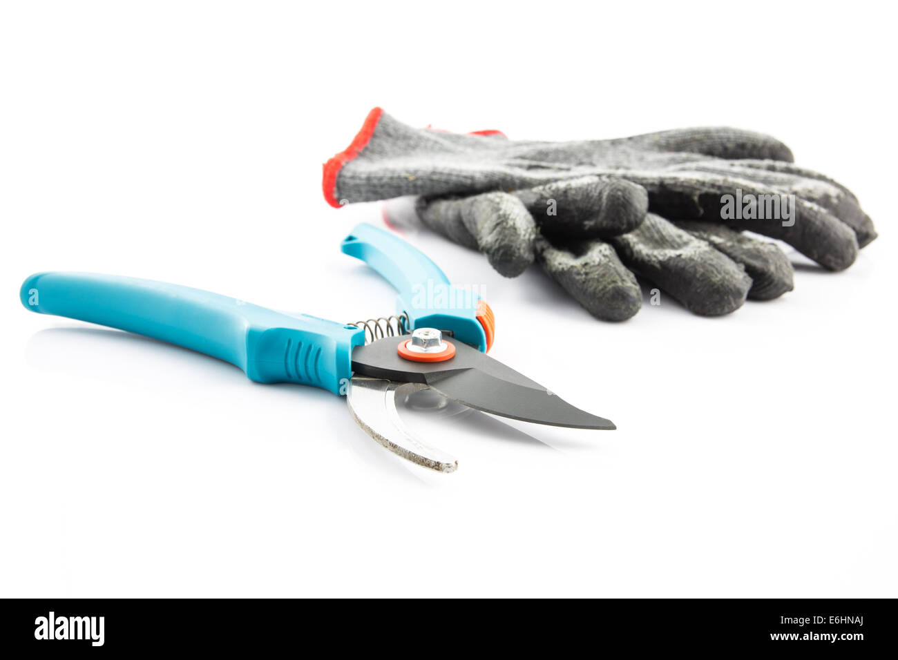Sécateur et porté des gants de jardinage isolé sur fond blanc Banque D'Images