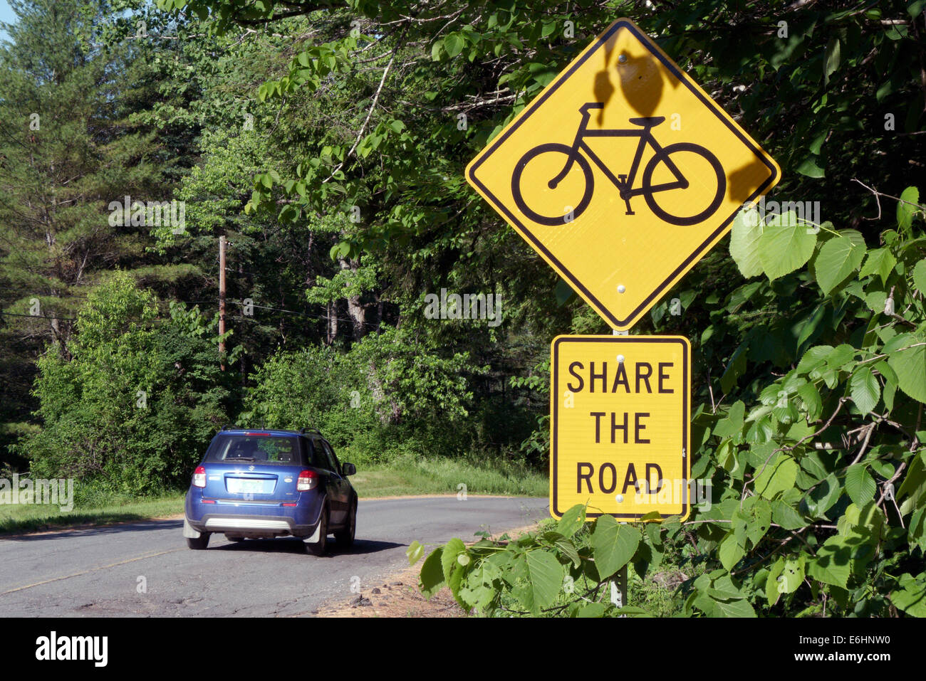 Un panneau routier américain car and bike avertissement les utilisateurs à partager la route Banque D'Images