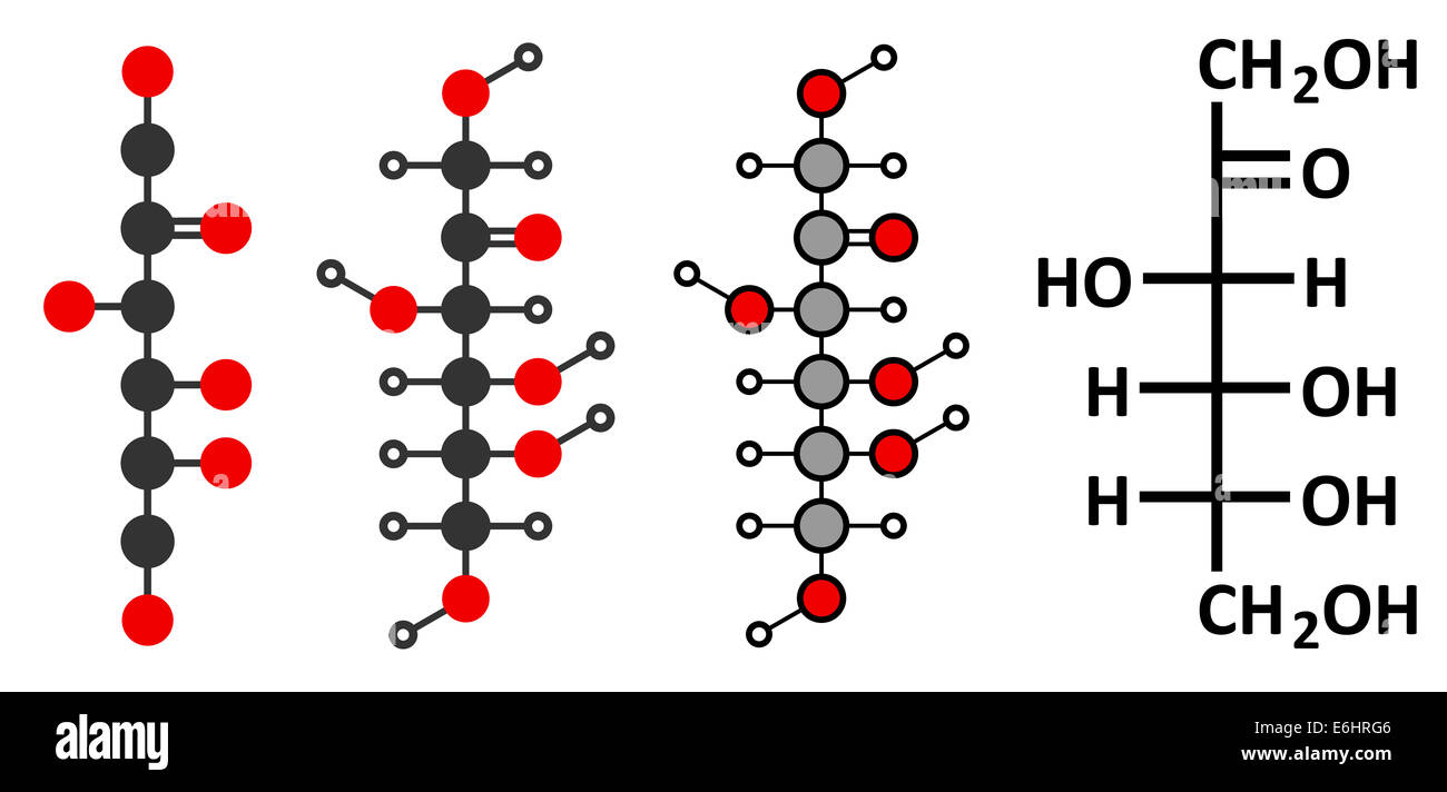 D-fructose le fructose (sucre de fruit) molécule. L'Organe sirop de maïs à haute teneur en fructose (HFCS). Les rendus 2D stylisée et conventiona Banque D'Images