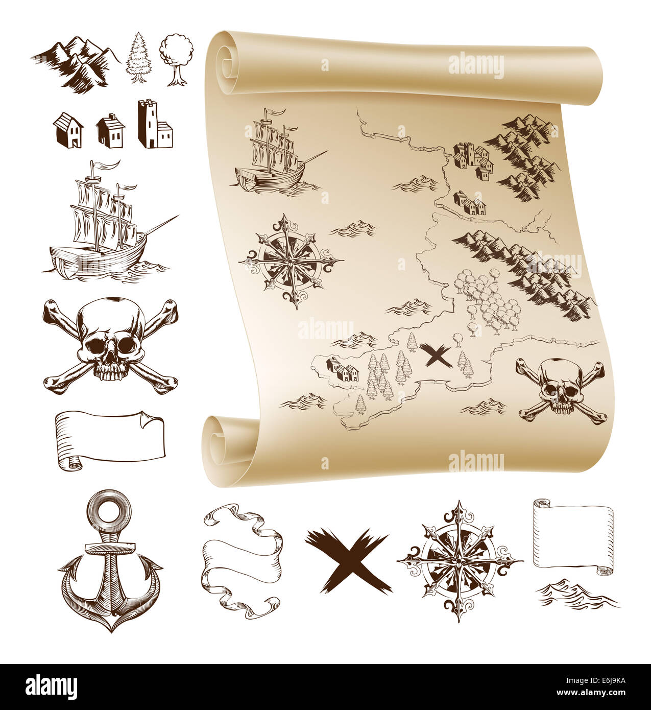 Exemple la carte et les éléments de conception pour rendre votre propre fantaisie ou des cartes au trésor. Inclut des montagnes, bâtiments, arbres, boussole, navire s Banque D'Images