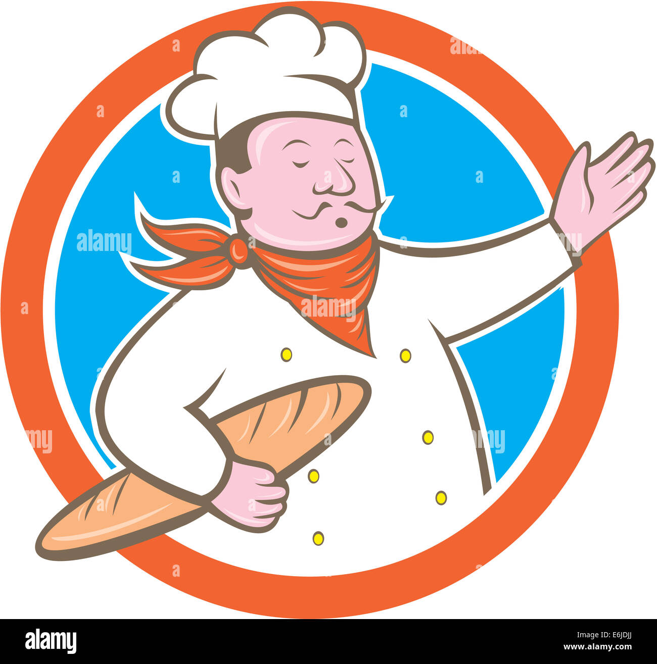 Illustration d'un chef cuisinier baker holding baguette pain mis à l'intérieur du cercle sur fond isolé fait en cartoon style Banque D'Images