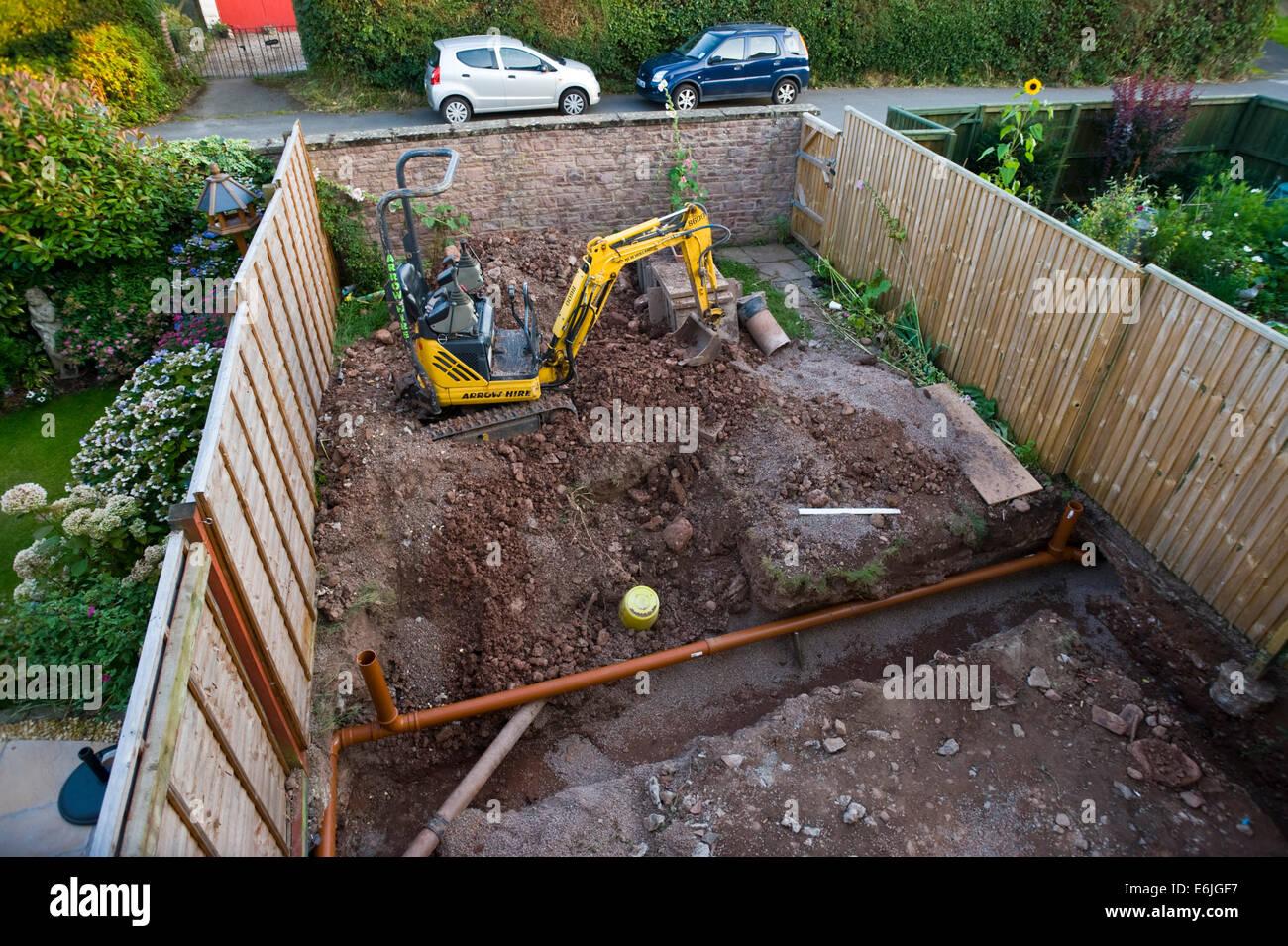 Les fondations creusées montrant le drainage de l'extension maison à Hay-on-Wye Powys Pays de Galles UK Banque D'Images