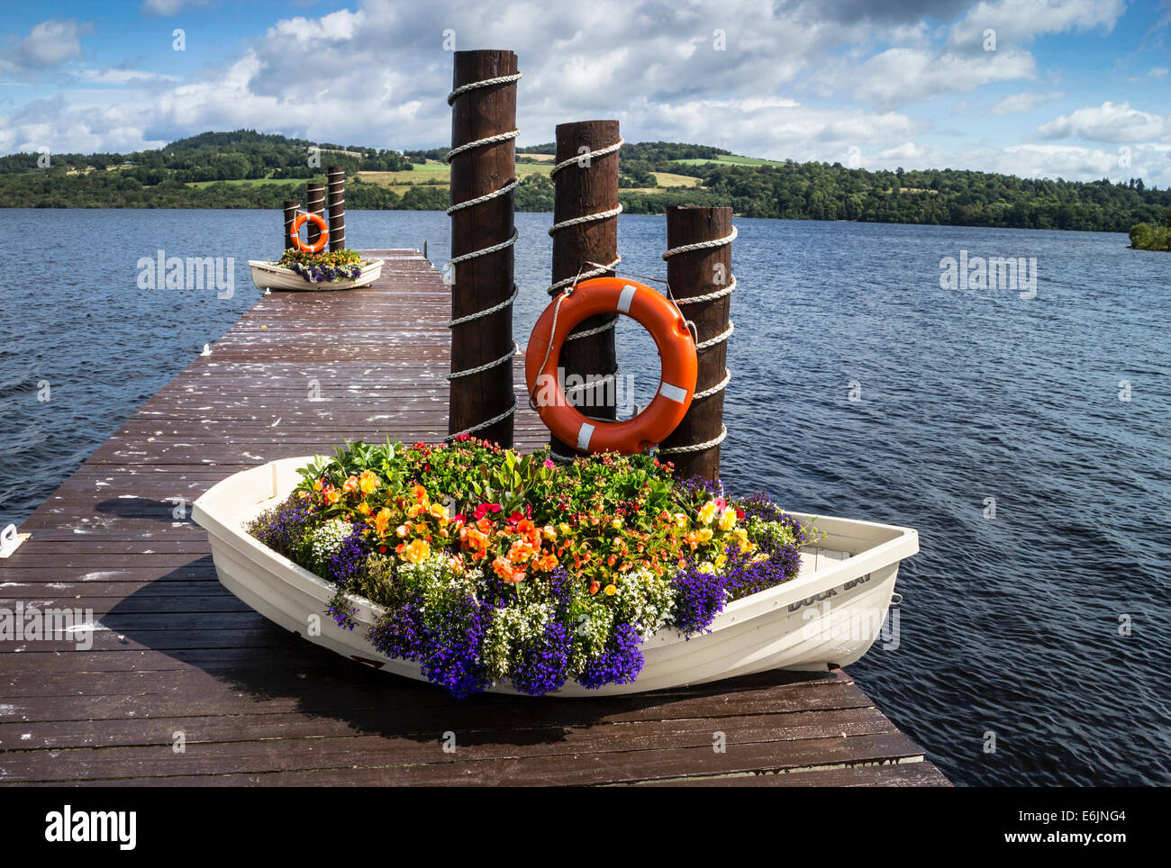 Affichage floral dans un petit bateau sur une jetée à Duck Bay, Loch Lomond, Ecosse. Banque D'Images