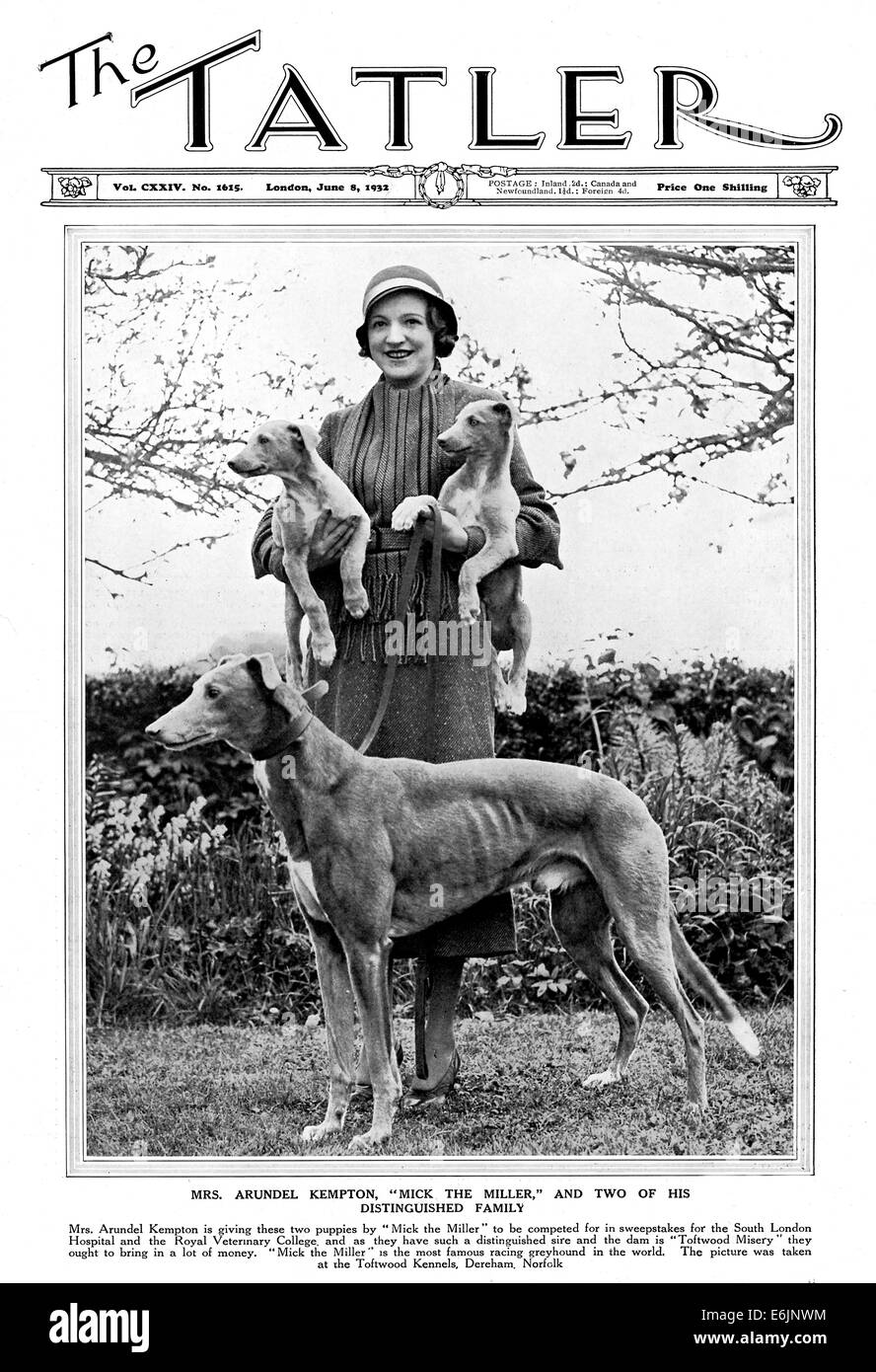 Le Mick Miller, 1932 Couverture du magazine montrant le célèbre chien et son propriétaire Mme Arundel Kempton Banque D'Images