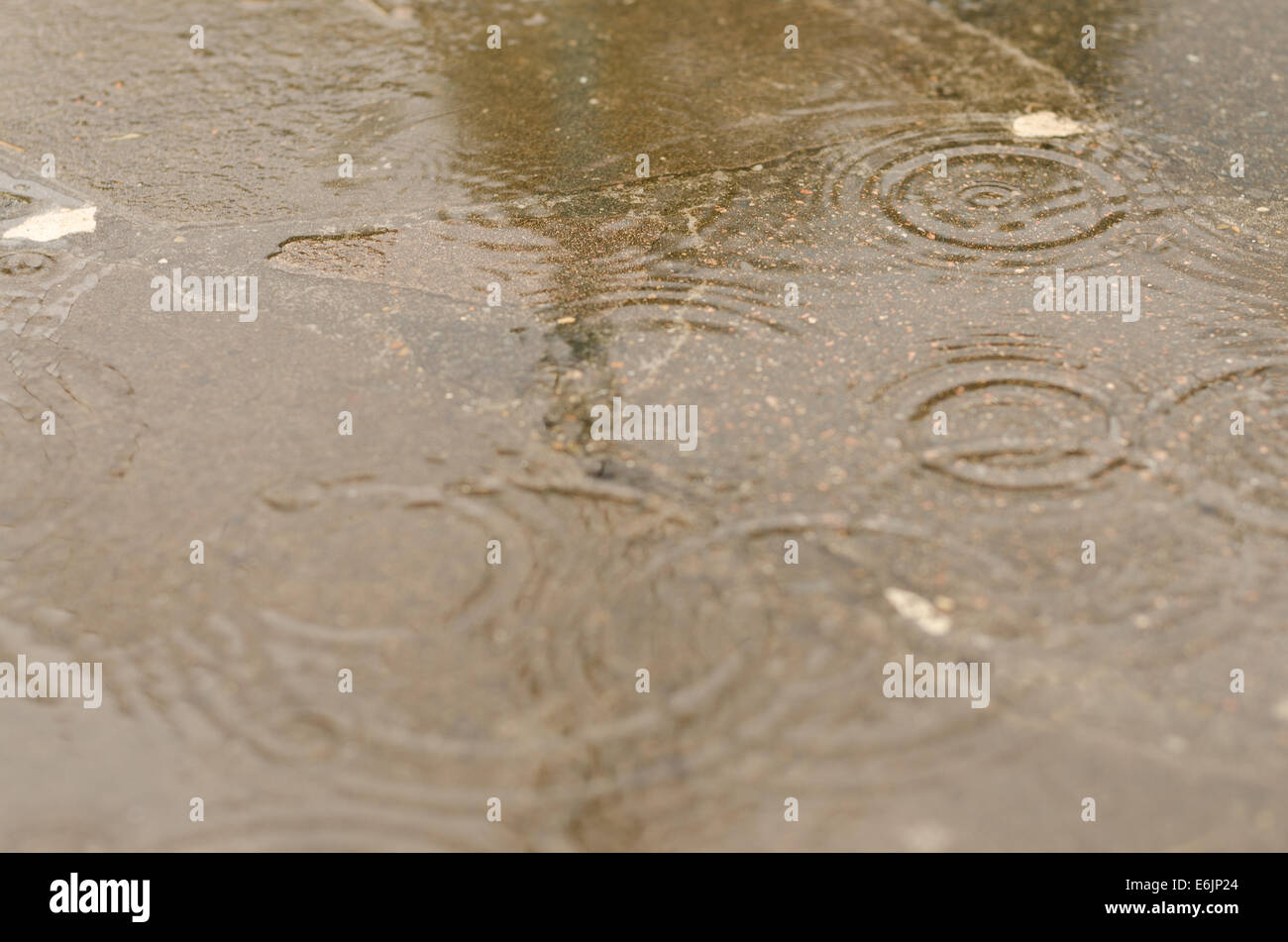 Gouttes provoquant des ondulations en flaque sur chaussée dallée sur morne terne journée sombre tempête ciel couvert avec des réflexions Banque D'Images