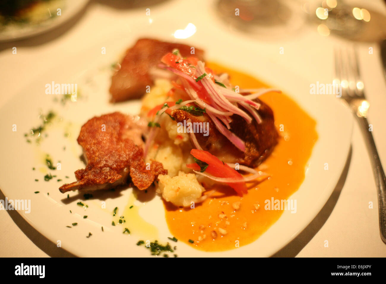 'Cuy rôti', également connu sous le nom de cobaye, est une délicatesse péruvien illustré ici avec des pommes de terre, oignons, tomates, et une sauce. Banque D'Images