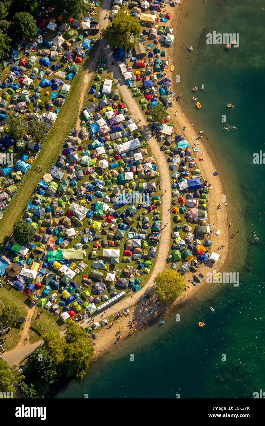 Vue aérienne des Pieds-Noirs, plage, sur l'événement de l'été, le lac Fühlinger Voir Cologne, Rhénanie du Nord-Westphalie, Allemagne, Banque D'Images