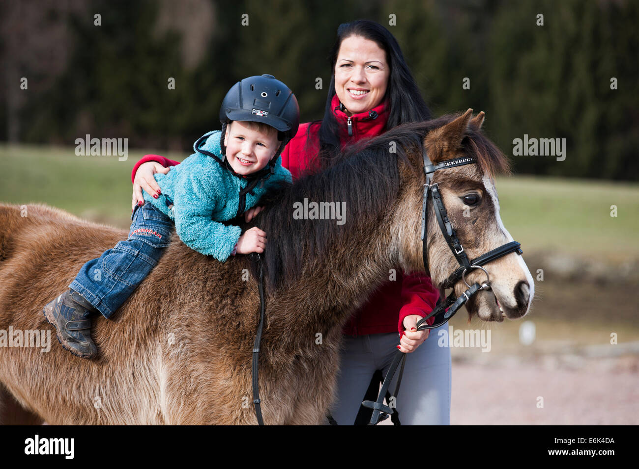 Jeune enfant portant un casque assis bareback sur un poney, dun, avec une patte, avec un professeur d'équitation, Tyrol, Autriche Banque D'Images