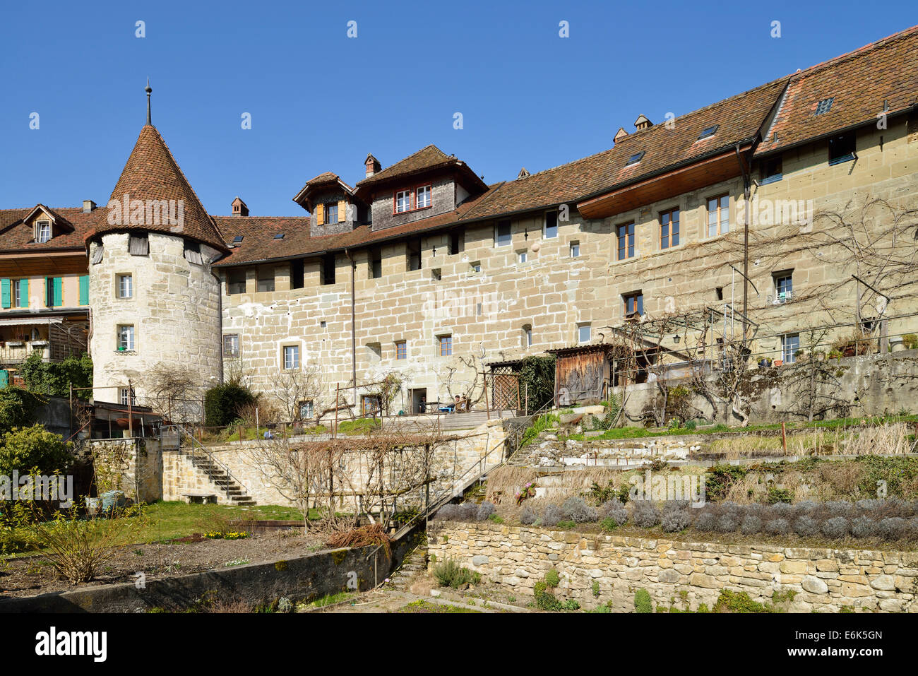 Mur de l'anneau avec tour, Morat, Canton de Fribourg, Suisse Banque D'Images