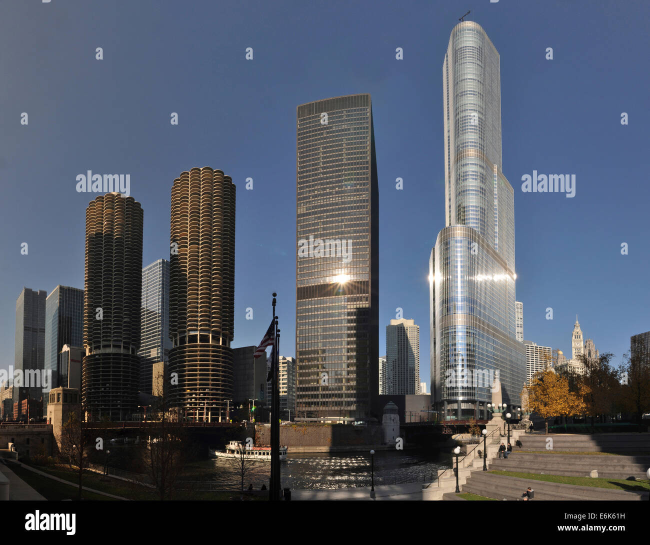 Le Marina City, bâtiment IBM et Trump International Hotel and Tower, Chicago, Illinois, United States Banque D'Images