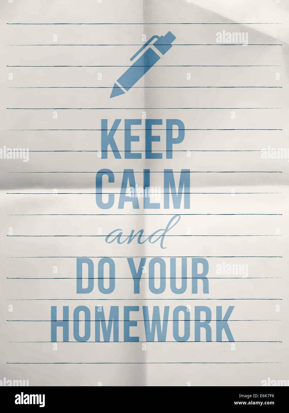 Restez calme et faites vos devoirs en ligne devis typographique design texture papier plié avec l'icône Stylo Banque D'Images
