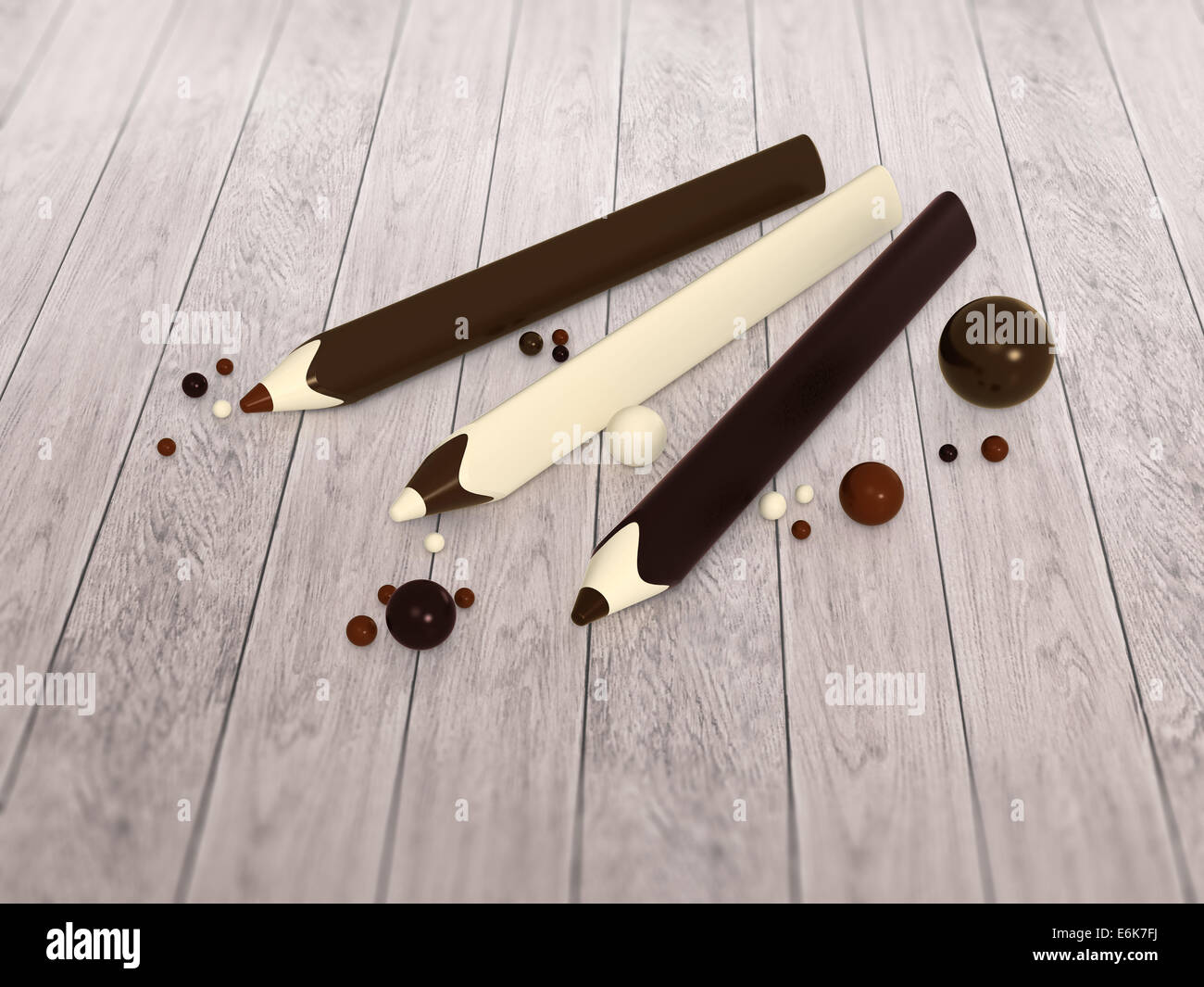 Crayons et billes de chocolat différentes sur un plancher en bois rétro  arrière-plan pour autre occasion - illustration réaliste Photo Stock - Alamy