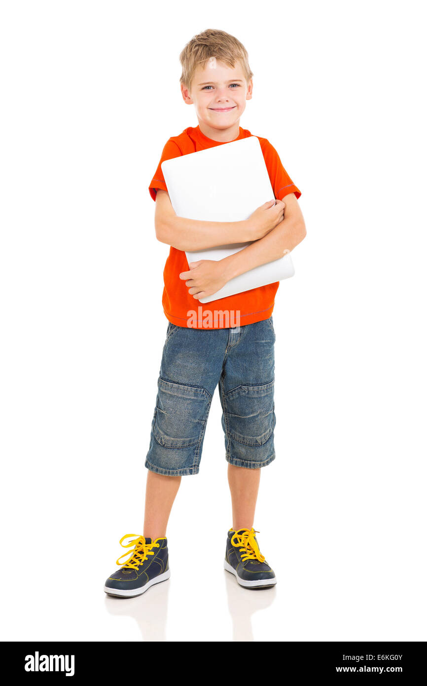 Smart boy holding laptop computer Banque D'Images