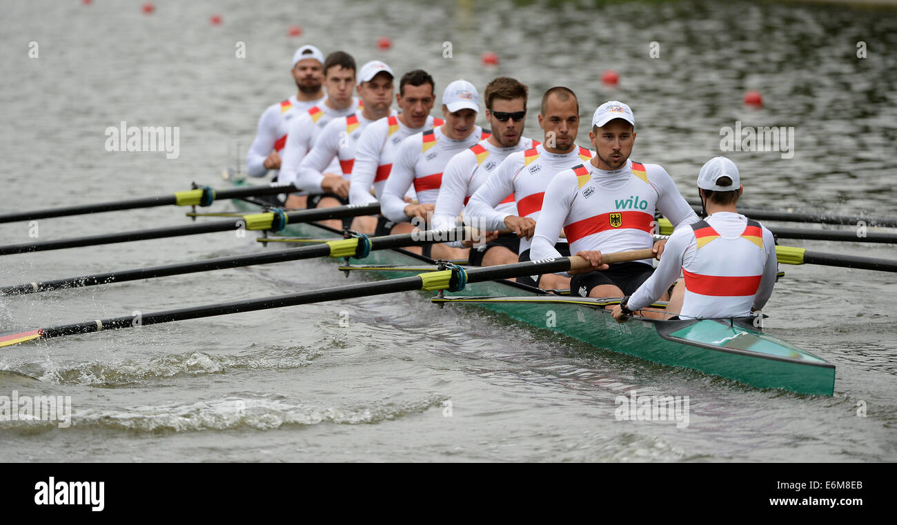 Amsterdam, Pays-Bas. 25 août, 2014. L'équipe de huit personnes en allemand réalise une victoire sur la Grande-Bretagne pendant la Coupe du monde d'aviron à Amsterdam, Pays-Bas, 25 août 2014. À partir de la R-L : Martin Sauer, Felix Wimberger, Maximilian Reinelt, Eric Johannesen, Richard Schmidt, Felix Drahotta, Andreas Kuffner, Malte Jakschik et Maximilian planer. L'équipe est maintenant le favori de la finale. Photo : DETLEV SYEB/dpa/Alamy Live News Banque D'Images