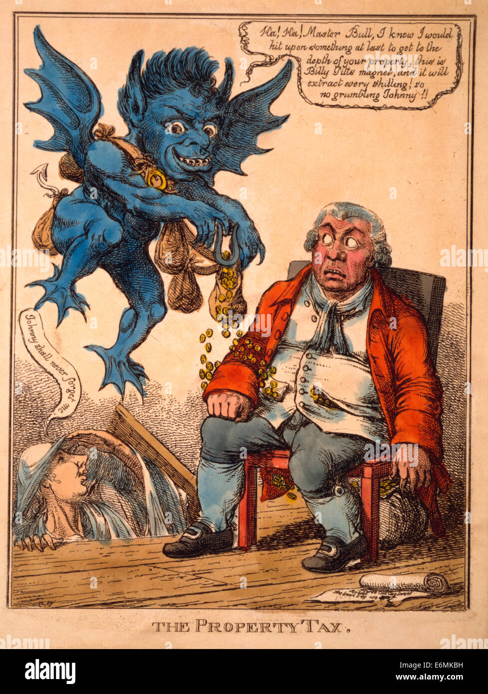 La taxe foncière - Caricature politique montre une prospère John Bull assis sur une chaise comme un démon bleu plane au-dessus de lui à l'aide d'un aimant pour retirer les pièces de la poche de gilet de Bull. Le fantôme de William Pitt s'élève du plancher en disant 'Johnny n'oublierai jamais de moi." 1814 Banque D'Images