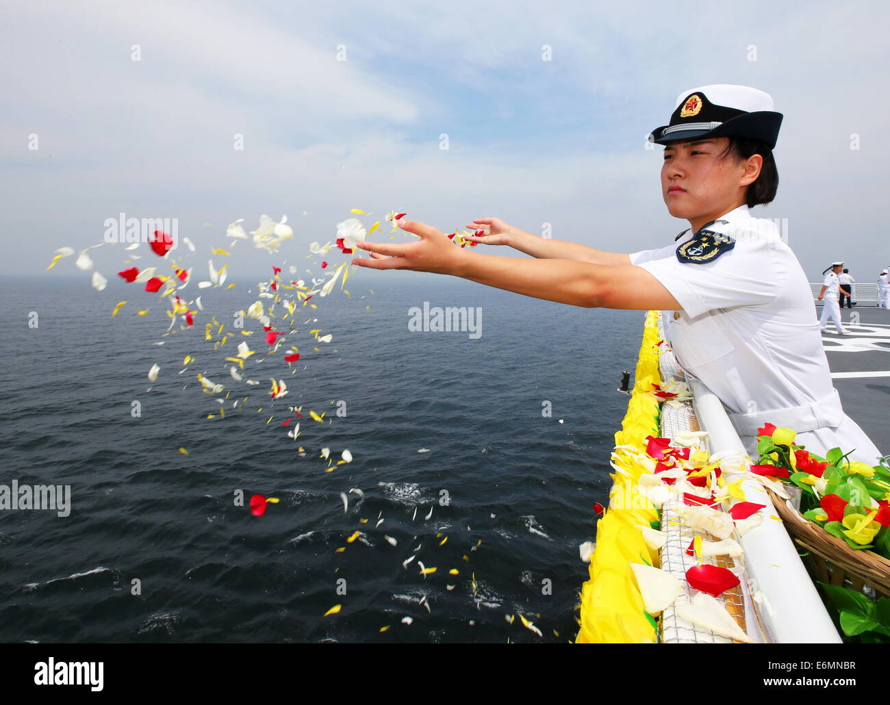 Qingdao, Chine, la province de Shandong. 27 août, 2014. Un soldat de l'Armée populaire de libération (APL) jeter de la Marine à la mer pétales pour pleurer la marine chinoise soldats tués dans la première guerre sino-japonaise de 1894-1895 sur un navire dans un port de Weihai, Chine de l'est la province de Shandong, le 27 août, 2014. L'Armée populaire de libération (APL) Marine le mercredi a tenu une cérémonie commémorative pour la première guerre sino-japonaise de 1894-1895, également connue sous le nom de Guerre Jiawu, dans un port de Weihai. Credit : Zha Chunming/Xinhua/Alamy Live News Banque D'Images