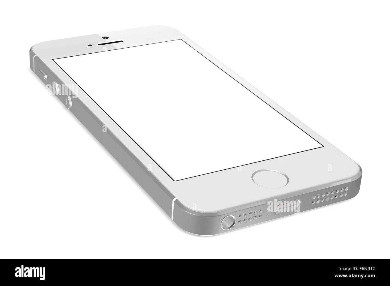 L'iPhone 5s d'argent à l'écran blanc. Banque D'Images