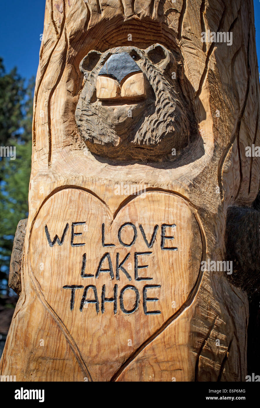 Nous aimons le lac Tahoe la sculpture sur bois. Banque D'Images