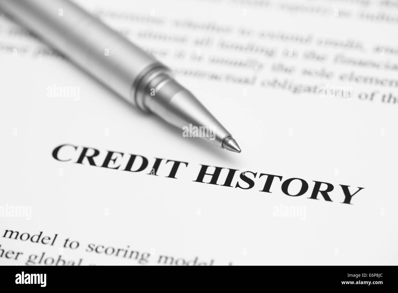 Antécédents de crédit. Stylo à bille sur l'historique de crédit (Credit). Banque D'Images