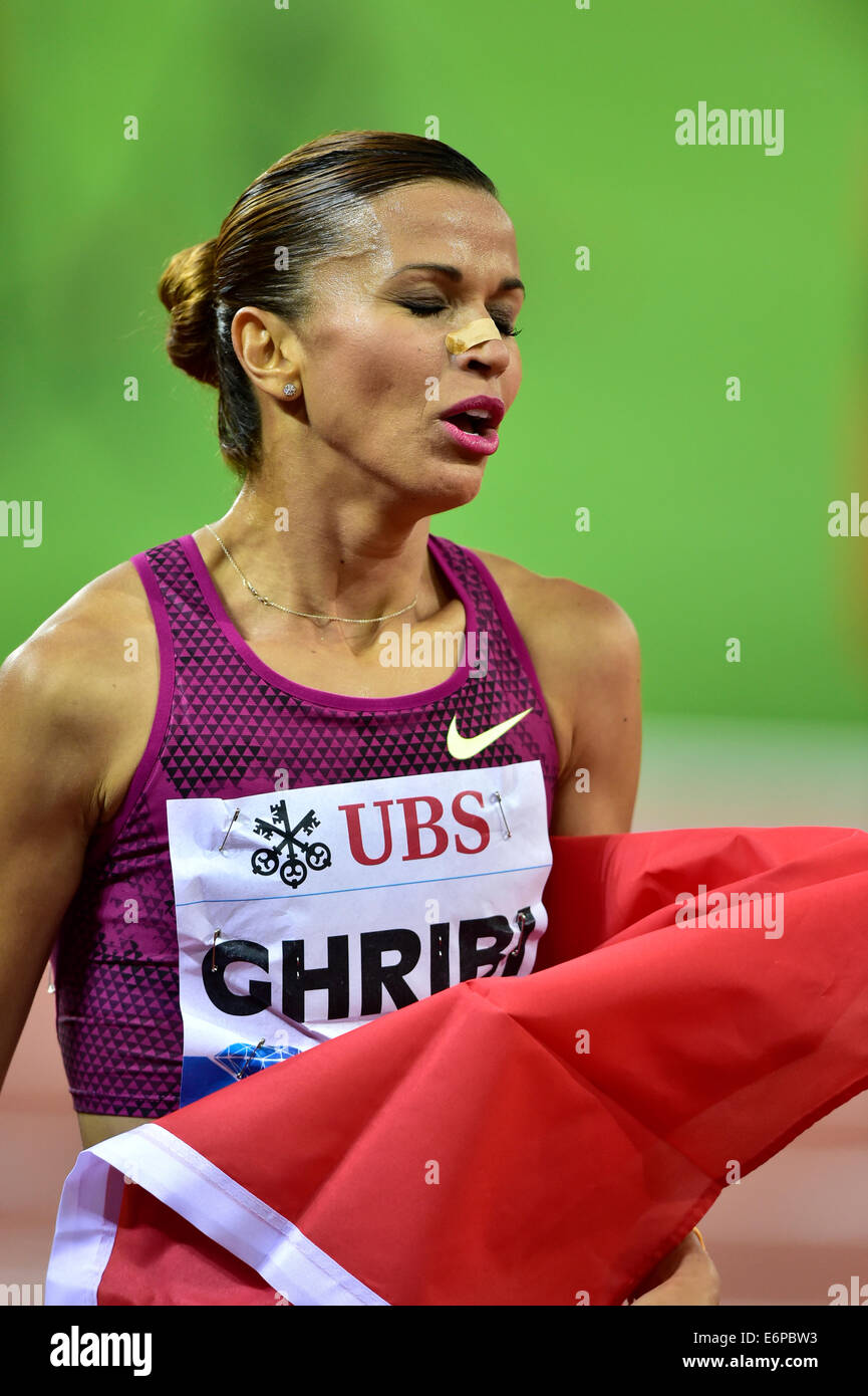 Zurich, Suisse. 28 août, 2014. Habiba Ghribi (TUN) remporte le 3000m steeple lors de la réunion d'athlétisme de l'IAAF Diamond League stade du Letzigrund de Zurich. Crédit : Erik Tham/Alamy Live News Banque D'Images