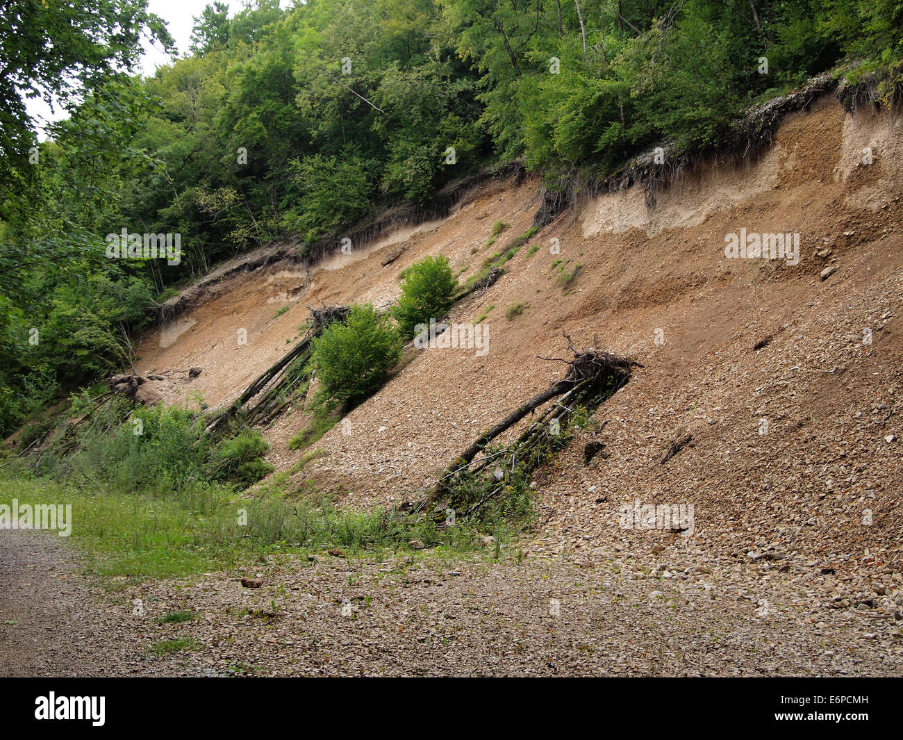 Glissement visible sur les collines de l'érosion, probablement en raison de fortes pluies, dans le Jura en France, près de Baume les Messieurs. Banque D'Images