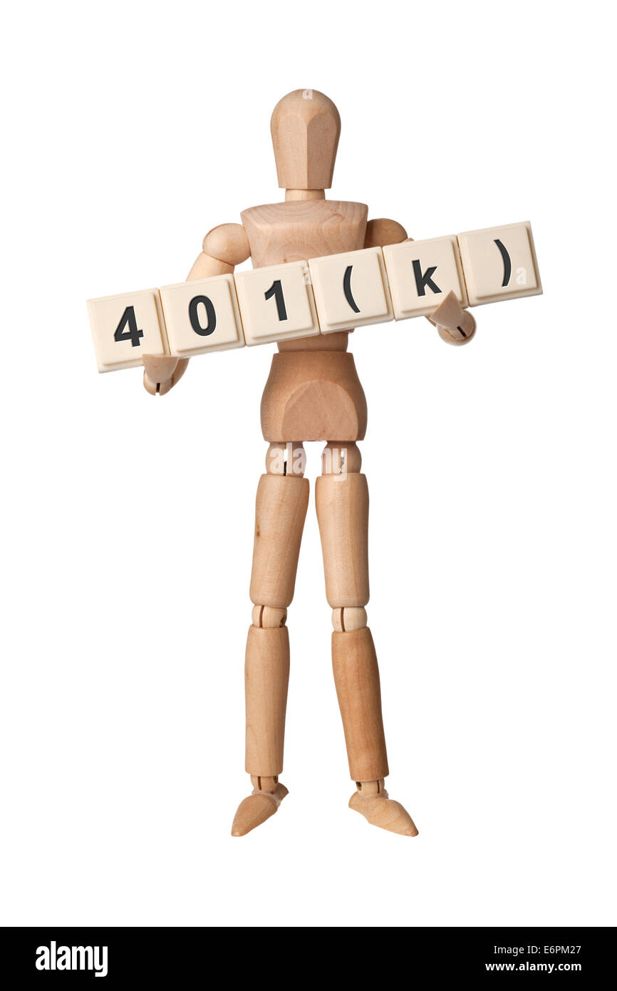 Figurine en bois avec les lettres 401(k) isolé sur fond blanc Banque D'Images