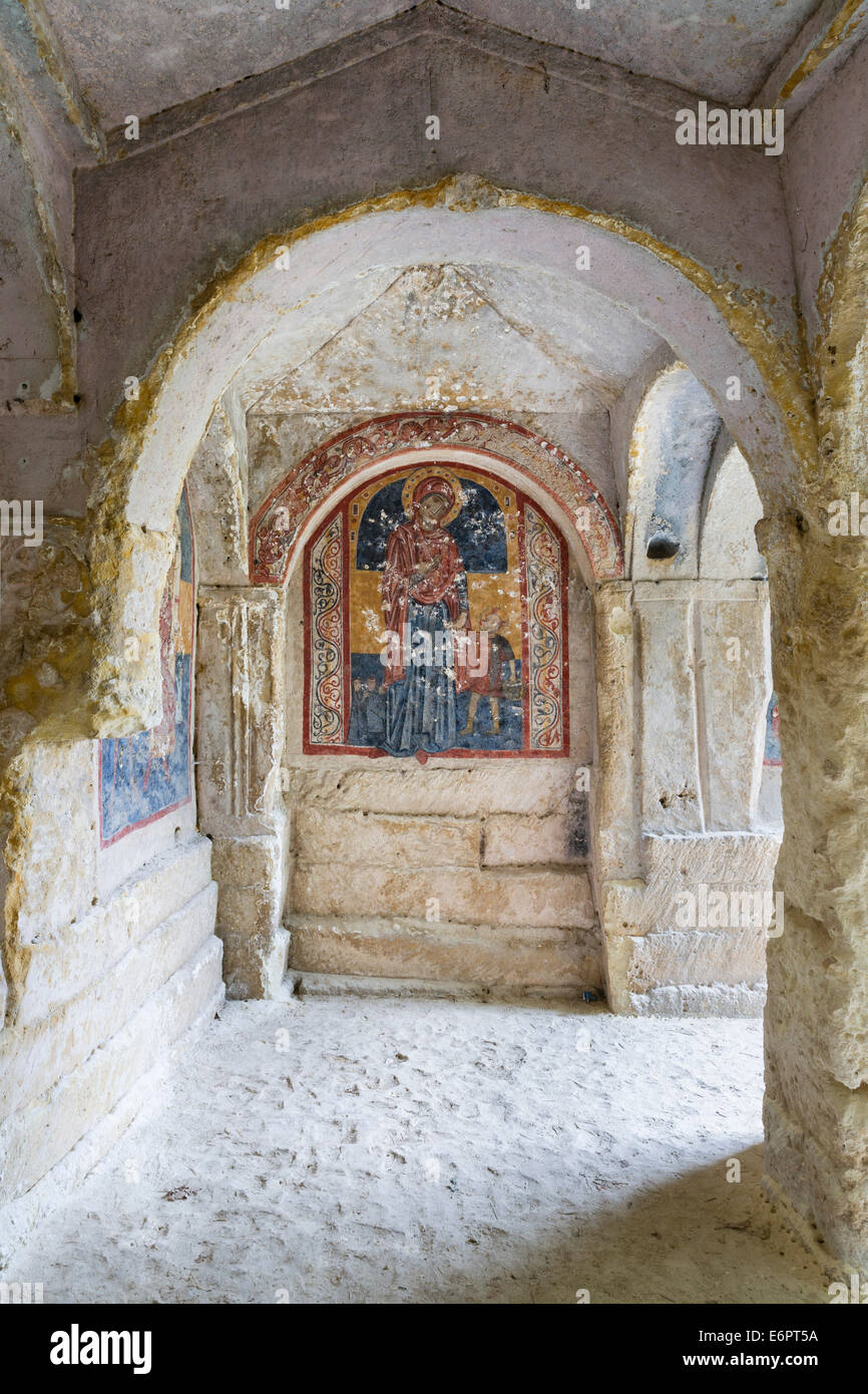 La Candelora, Adoration des deux saints, fresque 13e-14e siècle, église, église grotte rock, Chiese Rupestri, La Candelora Banque D'Images