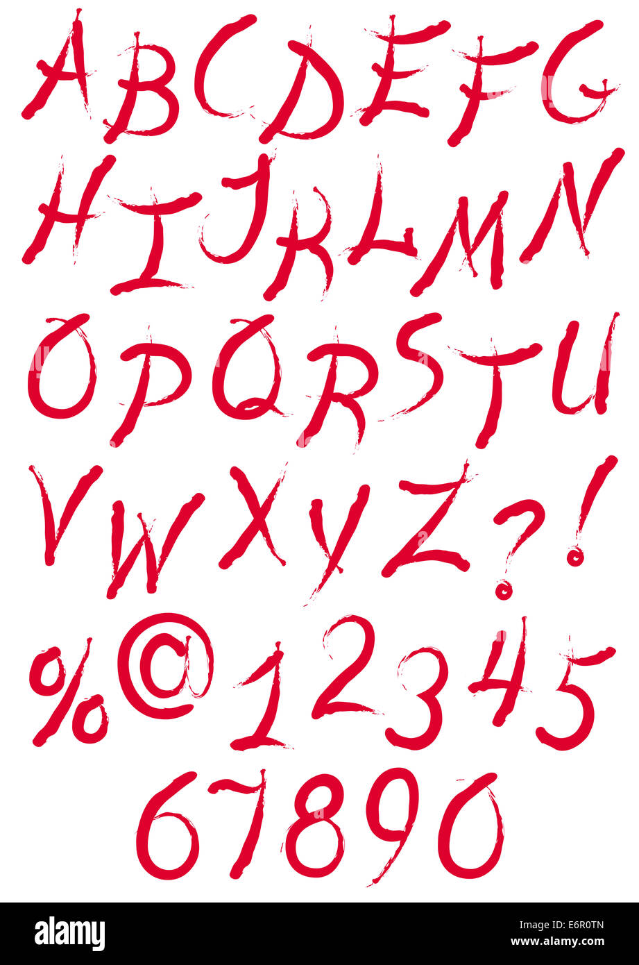 Alphabet rouge d'encre avec des lettres, ponctuation et signes, comme écrit à la main Banque D'Images