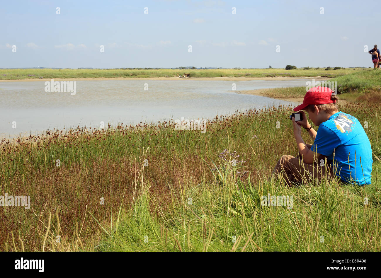 Garçon de 11 ans à photographier sur baie de l'Authie, à Fort Mahon Plage, Somme, Picardie, France Banque D'Images